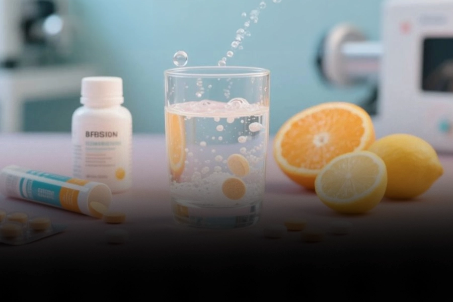 Kamagra Effervescent tablets 100 mg dissolving in a glass of water.