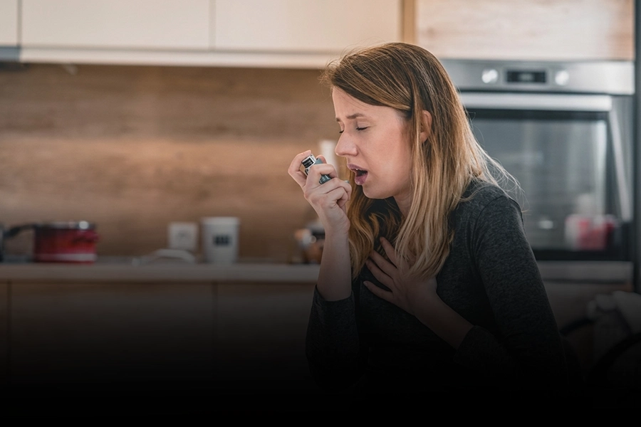 Asthma treatment and management guide showing inhaler use and breathing techniques to prevent asthma attacks