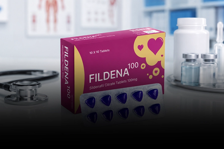 Fildena 100mg Sildenafil Citrate tablets box with blister pack of 10 pills