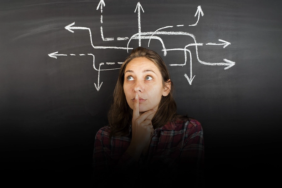 Woman feeling overwhelmed by difficult decisions due to mental fatigue